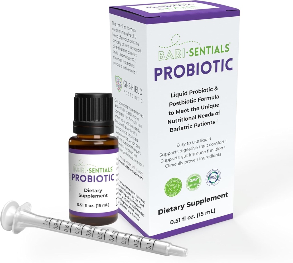 Barisentials Bariatric Liquid Probiotic and Postbiotic Premium Fórmula - Clinically Researched - Essential for Digestive Health and Immunity Post-Surgery, Low Volume Dose, 15mL
