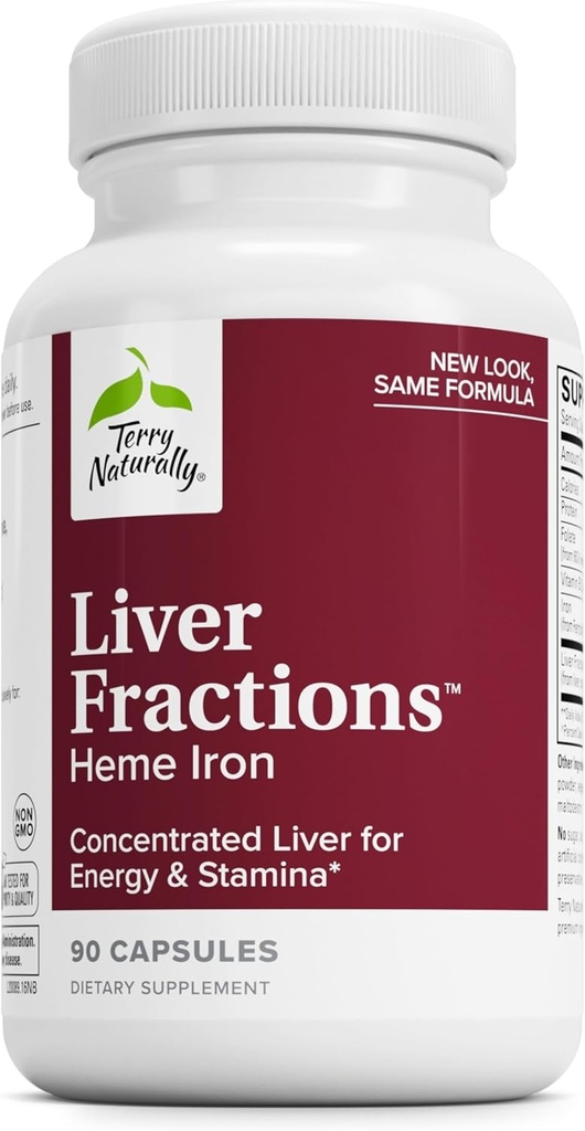 Terry Naturally Liver Fractions - Endurance &amp; Energy Support with Gentle Iron - Dietary Supplement Supports Healthy Red Blood Cell Formation - Iron Supplement for Liver Health - 90 Capsules
