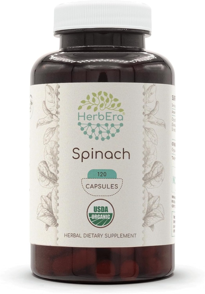 HerbEra Spinach 120 cápsulas, 500 mg, USDA Organic Spinach (Spinacia oleracea) Leaf seco (120 cápsulas)