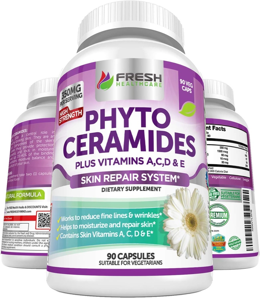 Phytoceramides - 3 Month Supply - Plus Skin Vitamins A,C,D & E for Skin Repair & Rejuvenation - Anti Aging Powerhouse for Reduced Fine Lines & Wrinkles by Fresh Healthcare