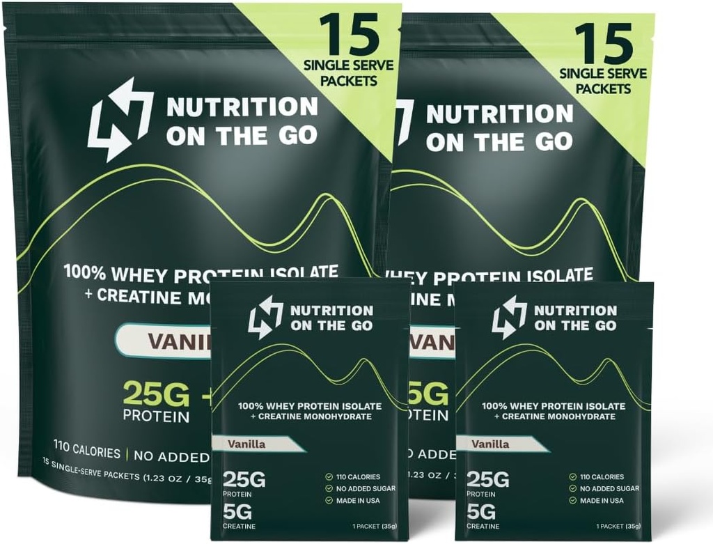 Nutrición en los paquetes de aislamiento de proteínas Go Whey con crema – 25g Proteína + 5g Creatina – Polvo de proteína de un solo paso – Vainilla (30-Pack)