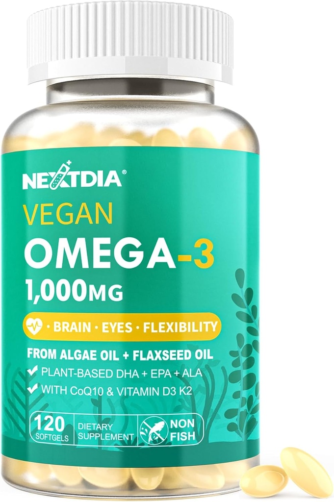 Vegan Omega 3 DHA EPA ALA Suplemento con 5000IU Vitamina D3 K2 (MK7), CoQ10 para Mujeres Hombres Silencioso Petróleo Alternativa Silencioso Planta Aceite Omega 3 1000mg Píldoras para Hueso, Cerebro, Ojo, Esquía  sometida 120 Softgels