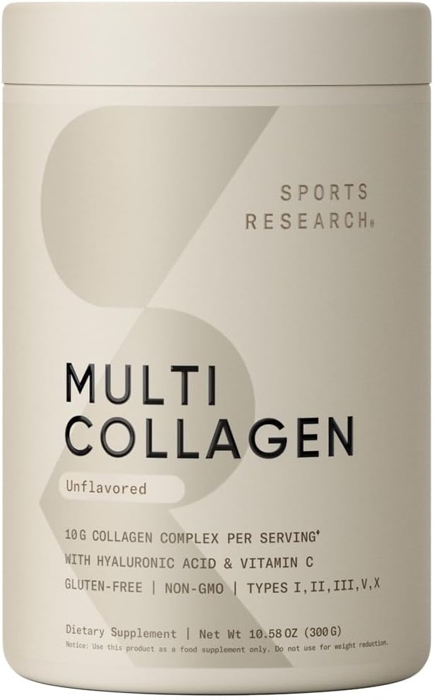 Sports Research Multi Collagen Protein Powder (Tipo I, II, III, V, X) con ácido hialurónico + Vitamina C TENIDO 5 Tipos de Colágeno Basado en Alimentos, 30 Actuaciones (Sin sabor)