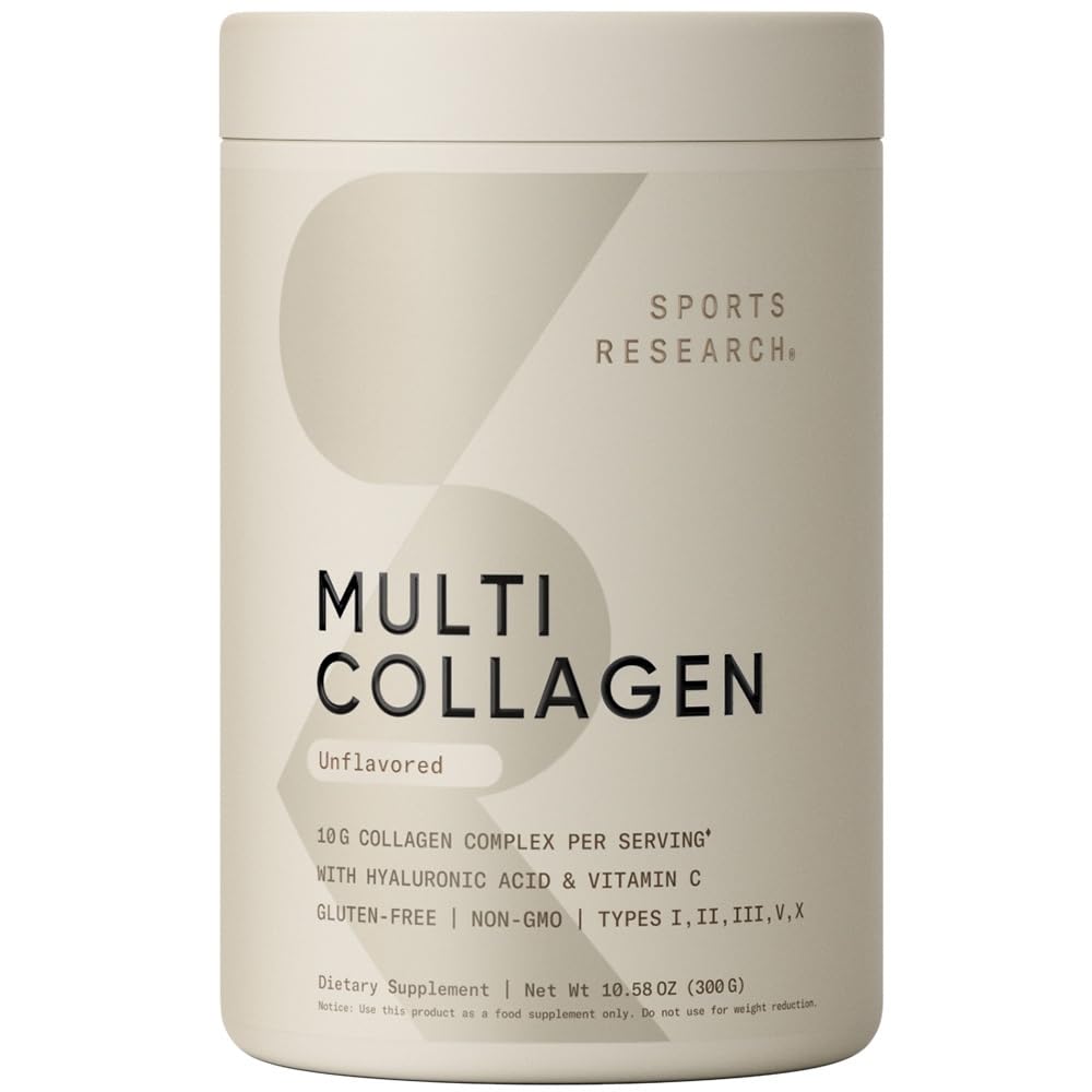 Sports Research Multi Collagen Protein Powder (Tipo I, II, III, V, X) con ácido hialurónico + Vitamina C TENIDO 5 Tipos de Colágeno Basado en Alimentos, 30 Actuaciones (Sin sabor)