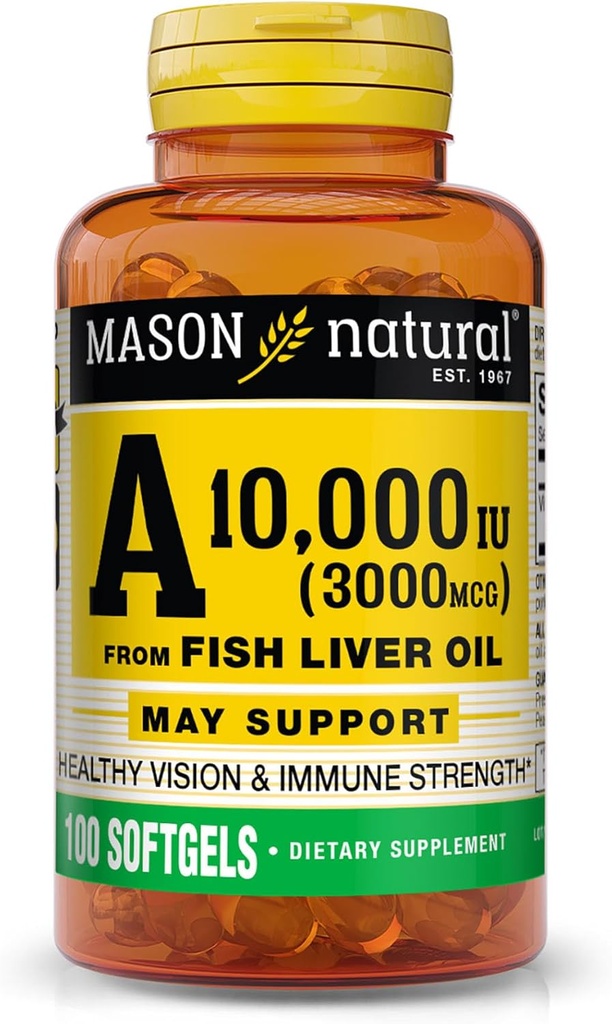 MASON NATURAL Vitamina A 3000 mcg (10.000 UI) de Fish Liver Oil, soporta Vision &amp; Immune Health, 100 Softgels