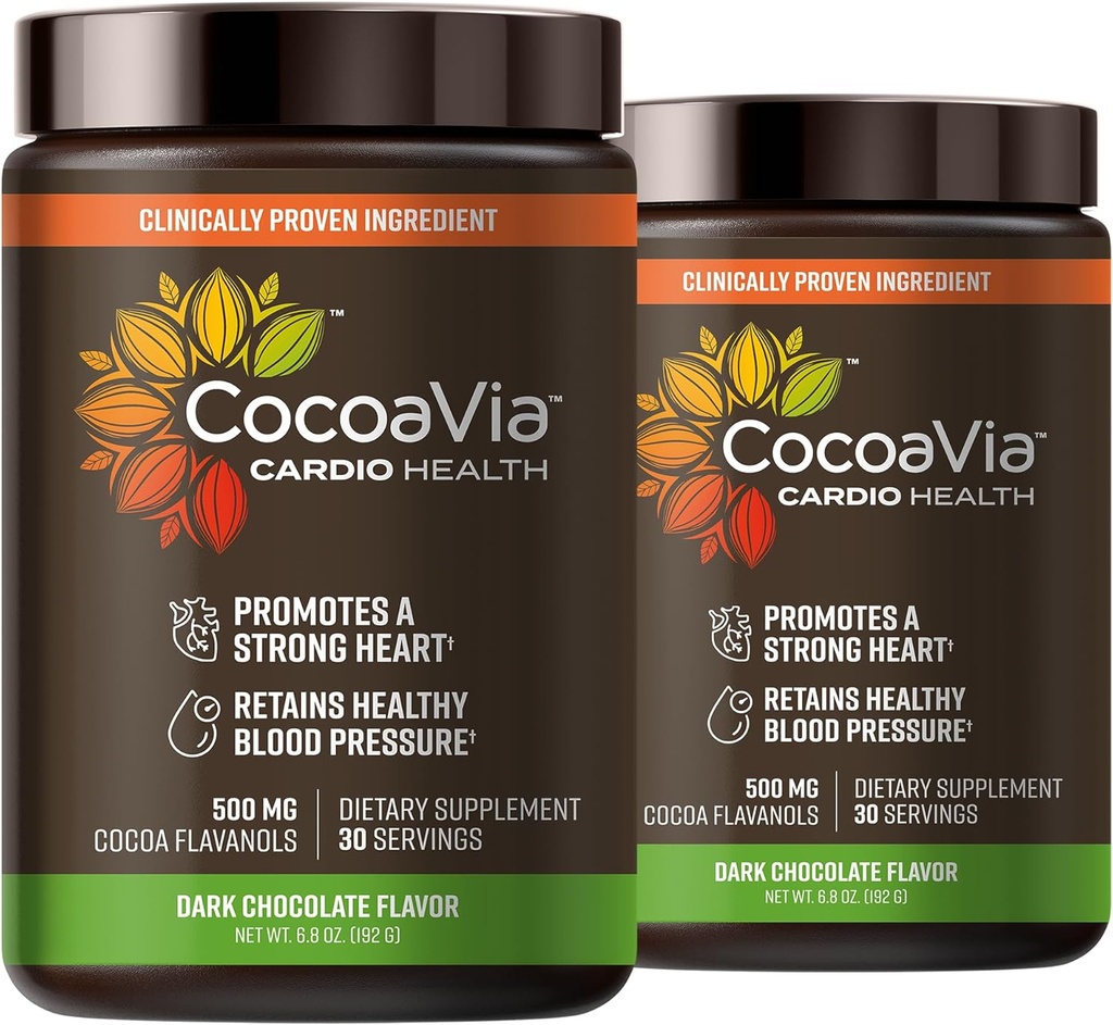 CocoaVia Cardio Health Cocoa Powder, 60 Servings, 500mg Cocoa Flavanols, Apoyo a la salud cardíaca, Boost Nitric Oxide, Mejorar la circulación, Energía, Preworkout, Vegan, Cacao de Chocolate Oscuro