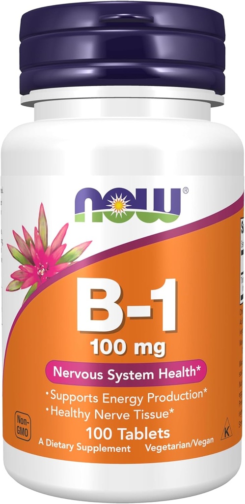 AHORA Suplementos de alimentos, vitamina B-1 100 mg, producción de energía*, salud del sistema nervioso*, 100 tabletas
