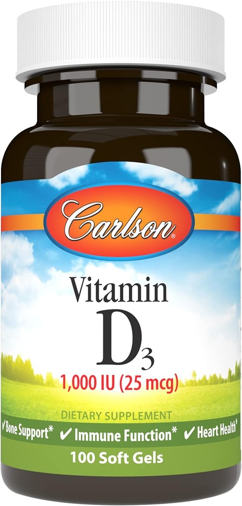 Carlson - Vitamin D3, 1000 IU (25 mcg), Bone Health, Muscle Health, Cholecalciferol, Vitamin D Supplements, Vitamin D3 Soft Gels, 100 Softgels