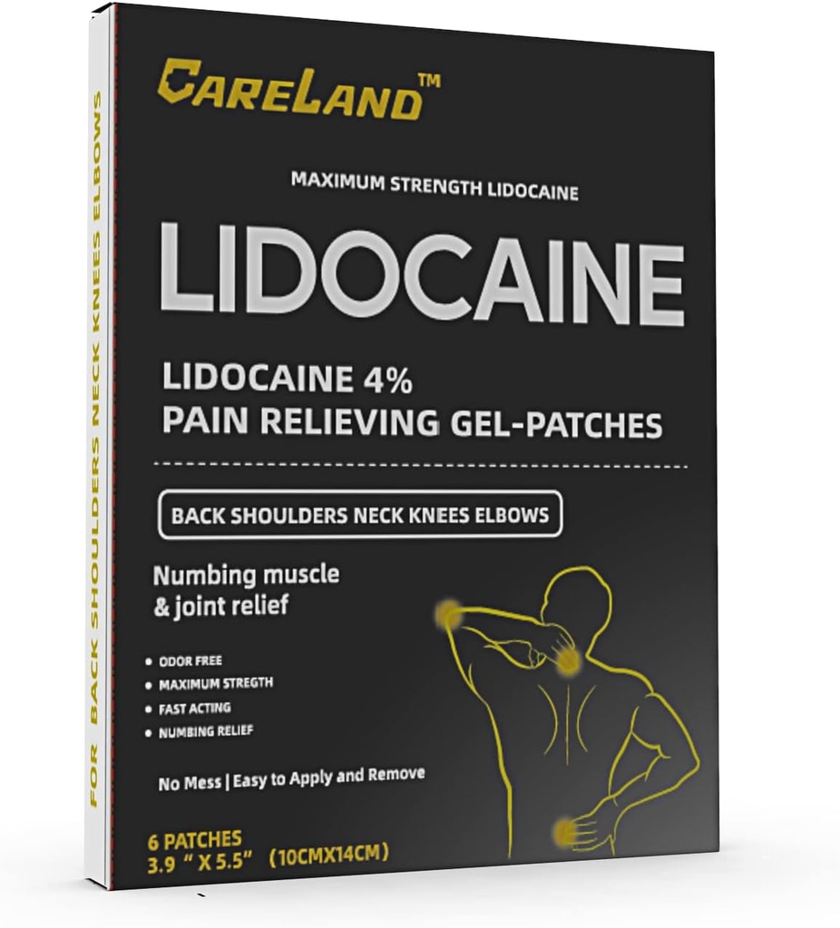 CARELAND 4% Lidocaine Gel Patch, 6 Count | Maximum Strength Pain Patches for Muscle Relief in Neck Knee Back and Shoulders | Unscented Numbing Patch for Soothing Nerves, Joints