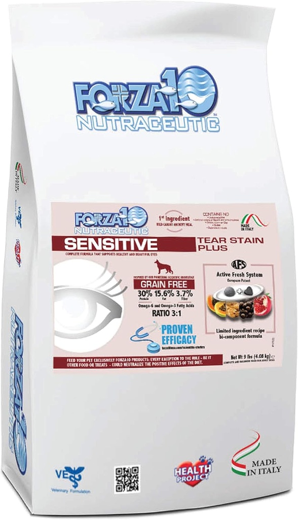 Forza10 Sensitive Tear Stain Grain Free Dry Dog Food, Healthy Dry Dog Food Formulated to Reduce Dog Tear Stain, Dog Eye Care and Tear Stain Remover (9 libras)