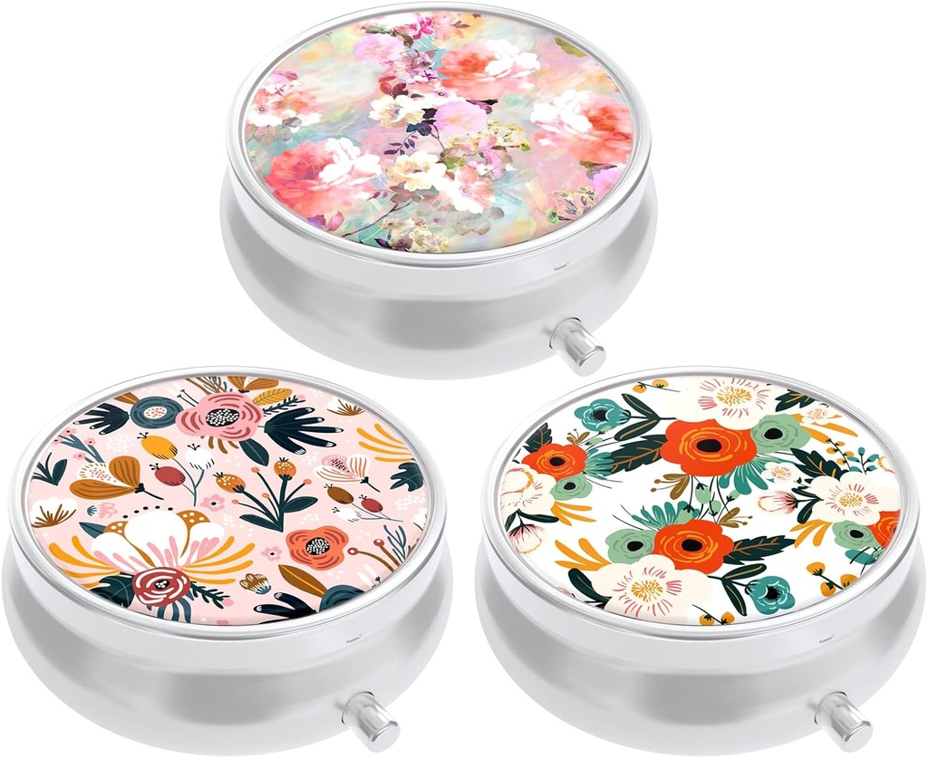 3 Caja de Píldora de Empaquetado, Caja de Píldora Pequeña para Purse &amp; Pocket, Cute Travel Medicine Organizer, Portable Medicine Container Holder to Hold Vitamins, Medication, Fish Oil &amp; Supplement, Pink White Flowers
