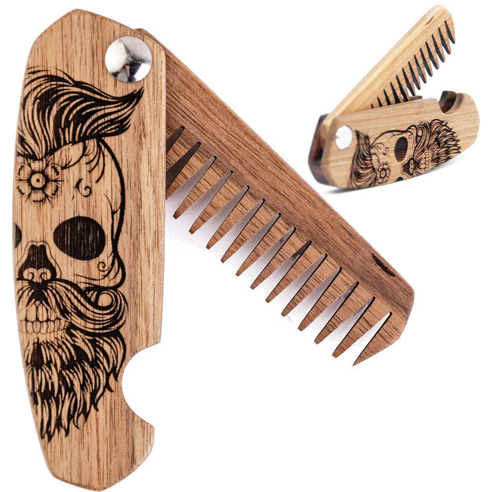 Disfrute de The Wood Beard Comb for Men, Accesorios de barba de bolsillo plegable para hombres, Peluquería de madera de nuez grabada para Moustache, barba " Pelo para él (Half Skull)