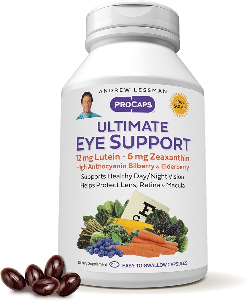 ANDREW LESSMAN Ultimate Eye Support 180 Softgels - 12mg Lutein, 6mg Zeaxanthin, Bilberry, Key Nutrients to Support Eye Health and Promote Healthy Vision. Sin aditivos. Easy to Swallow Softgels