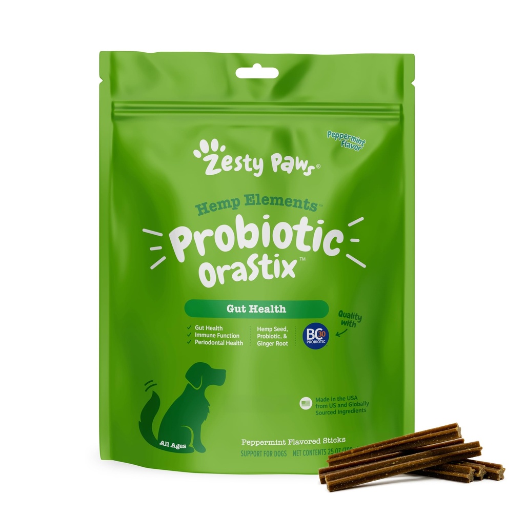 Zesty Paws OraStix for Dogs - Pegatinas probióticas con cáñamo Curia de semillas Ginger Root Taurine - Soporta Función Gut Flora Immune System Proprietary Healthy Teeth Gum Blend - 25oz