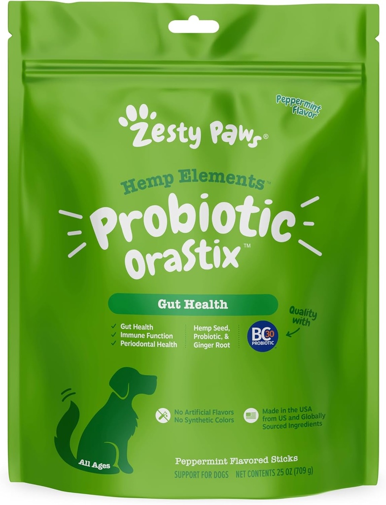 Zesty Paws OraStix for Dogs - Pegatinas probióticas con cáñamo Curia de semillas Ginger Root Taurine - Soporta Función Gut Flora Immune System Proprietary Healthy Teeth Gum Blend - 25oz