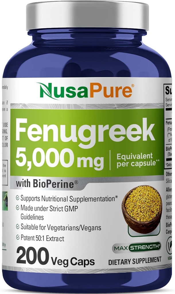 NusaPure Fenugreek Capsules, 50:1 Extracto, 100 mg Equivalente a 5.000 mg, 200 Veggie Caps, Non-GMO, Vegan