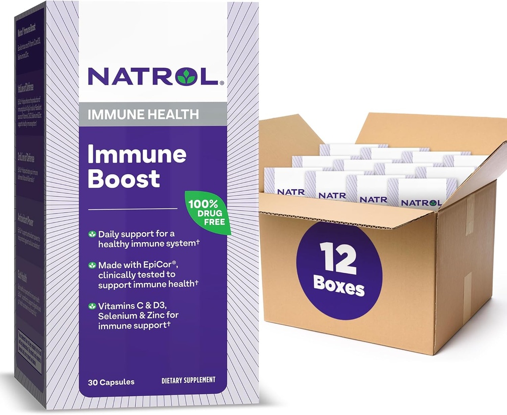 Natrol Immune Boost Capsules, Immune Support, Made with EpiCor Clinically Tested, Incluye vitaminas C, D3, Selenium y Zinc, 30 Cuenta (Pack of 12)