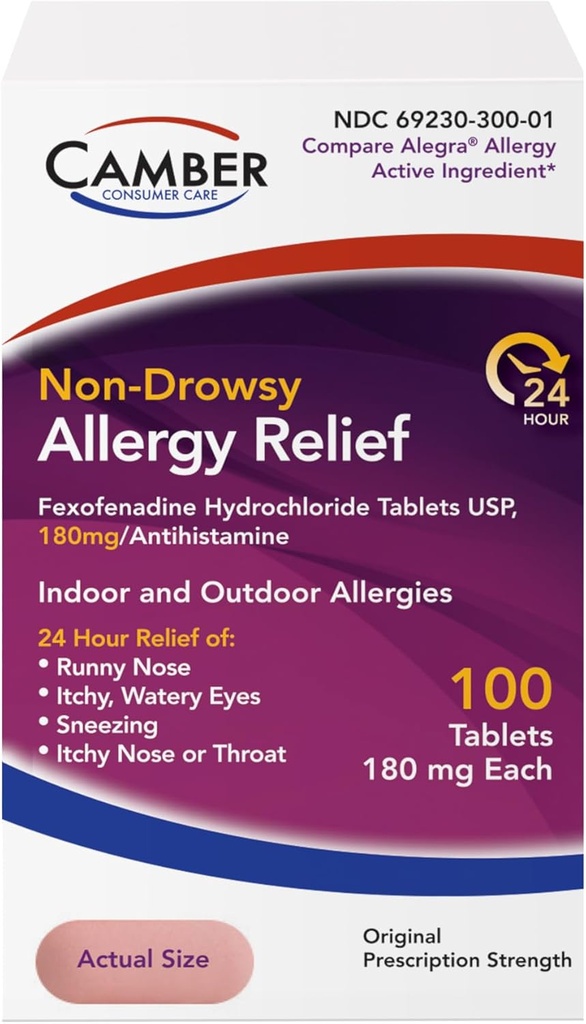 Camber Fexofenadine Antihistamine Non-Drowsy Indoor Outdoor 24hrs Allergy Relief Medicine 100 Tablets