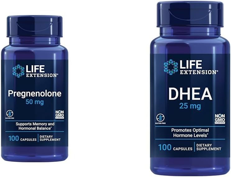 Life Extension Pregnenolone 50mg and DHEA 25mg - Hormone Balance and Anti-Aging Supplements - 100 Capsules Each