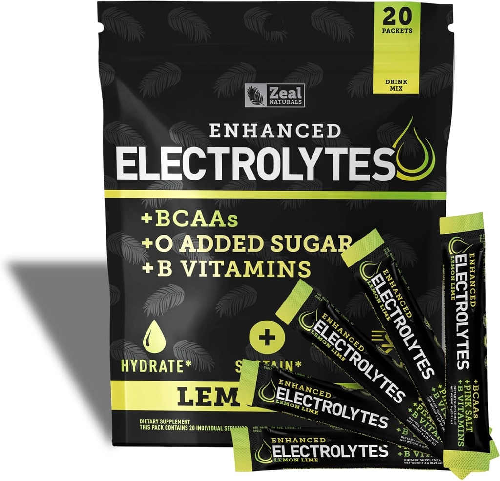 Enhanced Electrolyte Powder Stick Packs (Límon Lime tención 20 Packets) w / 0 Sugar +BCAAs +B-Vitamins Electrolyte Suplemento w Potassium Zinc &amp; Magnesium for Hydration - Keto Electrolytes