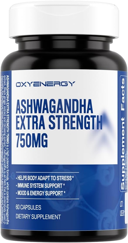 OxyEnergy Ashwagandha Extra Strength-750mg-Stress Relief- Immune & Energy Support - Gluten, Dairy & Soy Free - 60 cápsulas
