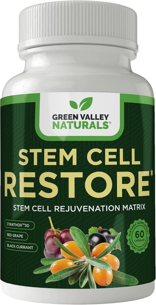 GREEN VALLEY NATURALS Stem Cell Supplement - Organic Tibetan Sea Buckthorn-Resveratrol, Vitamina D, Bishop's Hat Extract (1 Bottle, 60 Count)