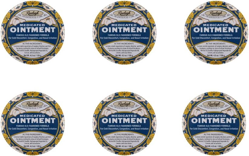 Rawleigh Medicated Ointment: 4.5 oz Blue Tin, Topical Chest Rub for Cold, Nasal Congestion, Minor Aches and Pain, with Camphor, Menthol & Eucalyptus, Non-Greasy Formula - Pack of 6