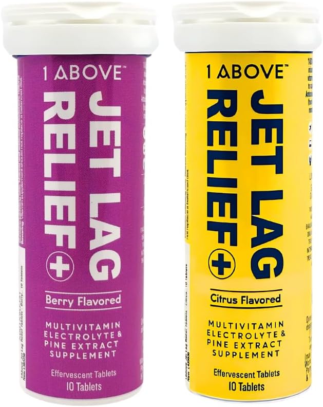 1ABOVE Jet Lag Relief Effervescent Multivitamin with Pycnogenol Travel Supplement for Hydration, Energy, Immune Support - Flight Essential - Bundle Citrus 10ct & Berry 10ct