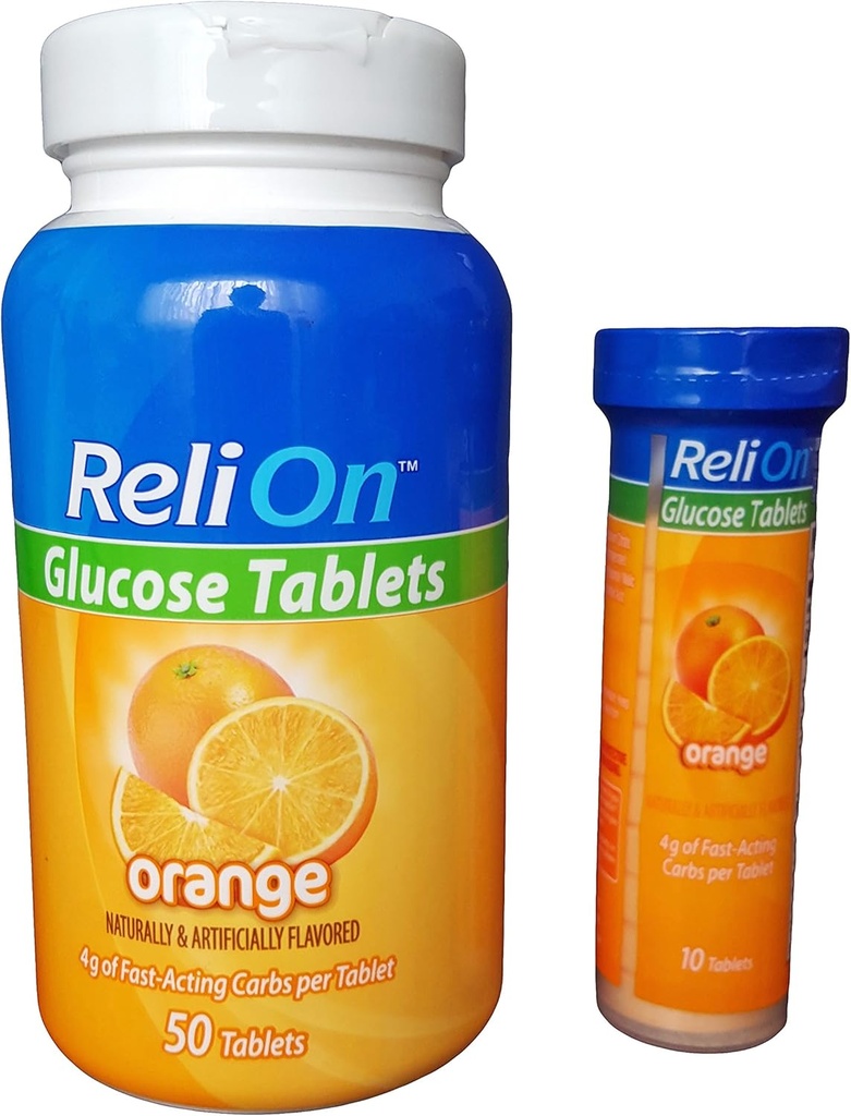 ReliOn Glucose, 50 Tabletas con tubo on-The-Go, 10 Tabletas. (Orange) de Reli On