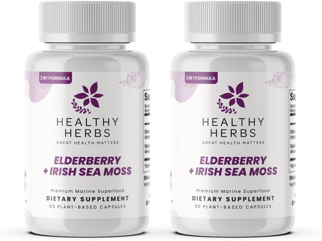 Herbs saludables Wildcrafted Elderberry Sea Moss Capsules ← 2600mg Irish Sea Moss + Elderberry Essentials Blend ← US-Made, Vegan, Non-GMO, Easy-Swallow (2-Pack)