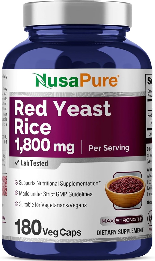 NusaPure Red Yeast Rice 1800mg 180 Veggie Capsules (No-GMO, Vegan)