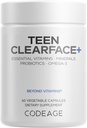 Codeage Teen Clearface Adolescent Face, Skin & Pimples, Vitaminas A, C, D3, E, Pantothenic Acid, Niacin, Zinc Supplement Teenagers, Probiotics, L-Lysine, Omega-3, Oily Skin, Pores, Spots - 60 cápsulas