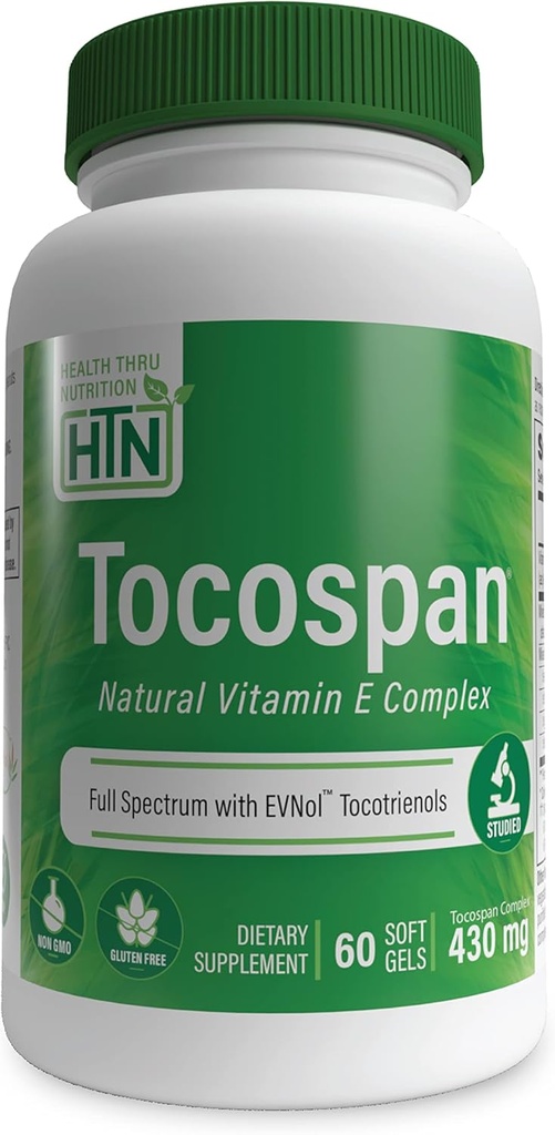 Salud Thru Nutrition Tocospan Full Spectrum Vitamin-E 430 mg con EVNol Tocotrienols  All 8 Fuentes naturales de vitamina E ← Clínicamente estudiado ← Soporte cardiovascular y antioxidante (Pack of 60)