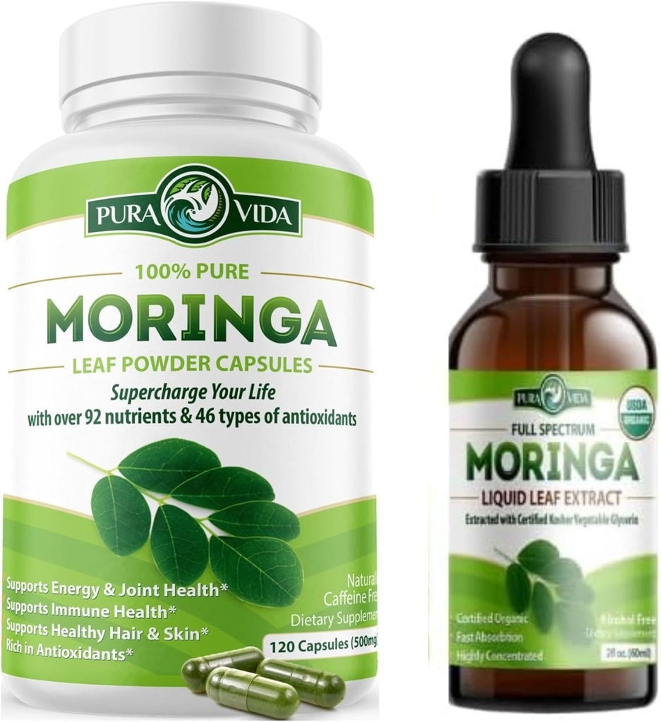 PURA VIDA MORINGA Capsules (120 Conde) y Moringa Leaf Extract Drops (2fl oz)