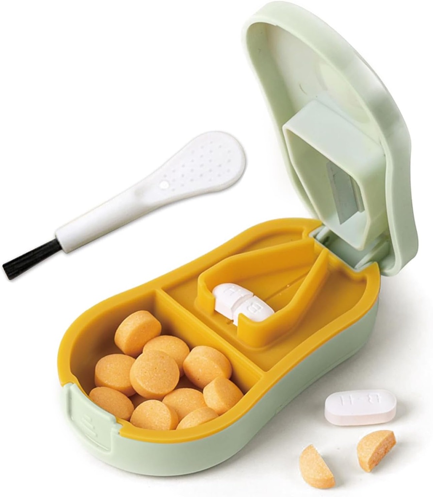 Pill Cutter Splitter for Small and Tiny Pills - Pill Cutter 1/4 - Cortes precisos Múltiples pastillas - Easy Open Snap Button. Desmontable V-Shaped Pad. Wrap-Around Blade Guard. Almacenamiento (Cyan)