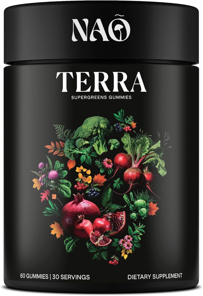 Terra Supergreens Gummies – 18 Superfood Ingredients with Spirulina, Chlorella, Turmeric, Reishi & Ashwagandha – Daily Antioxidant, Detox &amp; Immune Support Supplement – Vegan, Non-GMO, Made in USA