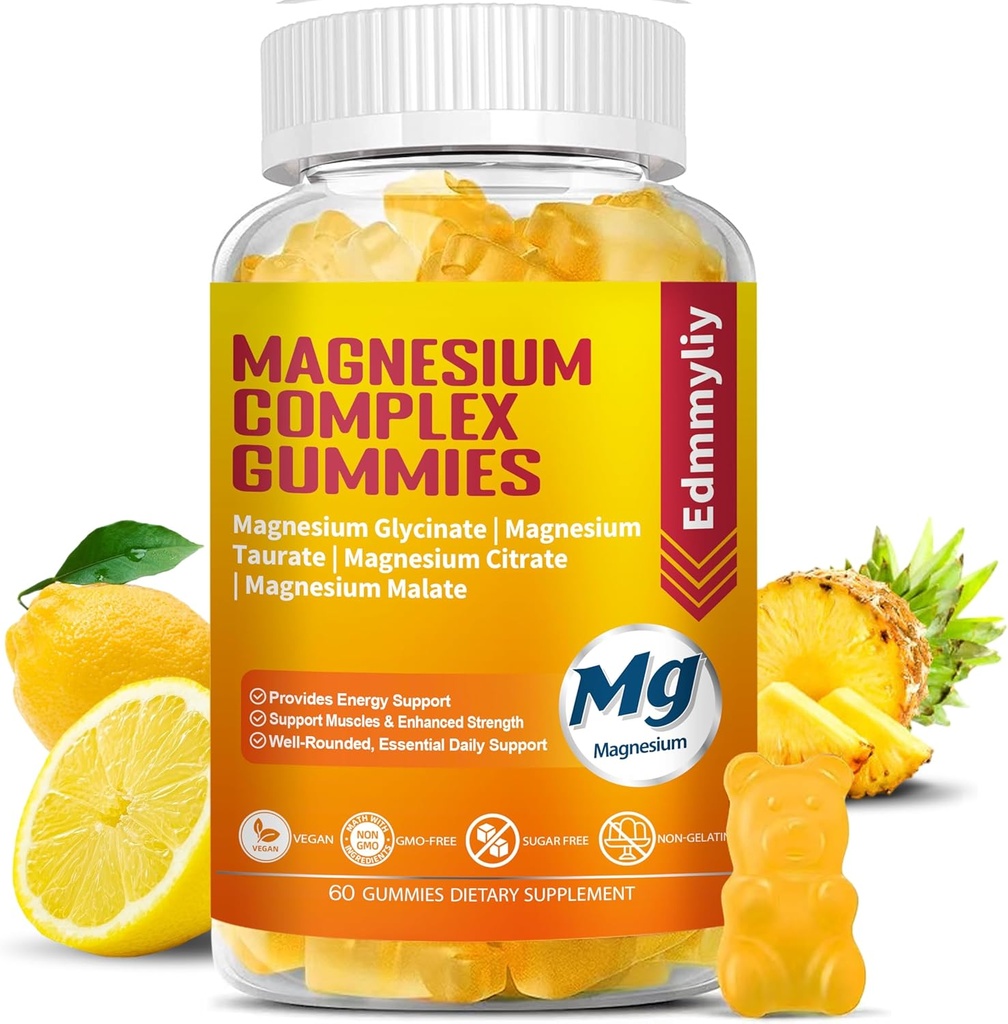 Triple Complejo de Magnesio Gummies Suplemento para Mujer &amp; Hombre Azúcar Absorción alta gratis Magnesium Glycinate, Taurate, Malate, Citrato Suplemento Complejo con Vitamina B6, B12 & D3 para Adulto...