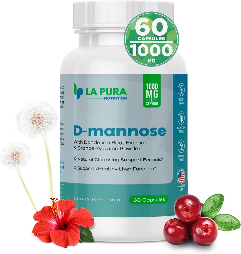 LaPura D-mannose 1000 mg Suplemento con Cranberry Juice Powder, Hibiscus Flower " Dandelion Herb Extract, 60 cápsulas - Natural Cleaning Support, Healthy Liver, Bladder, Urinary Tract Function