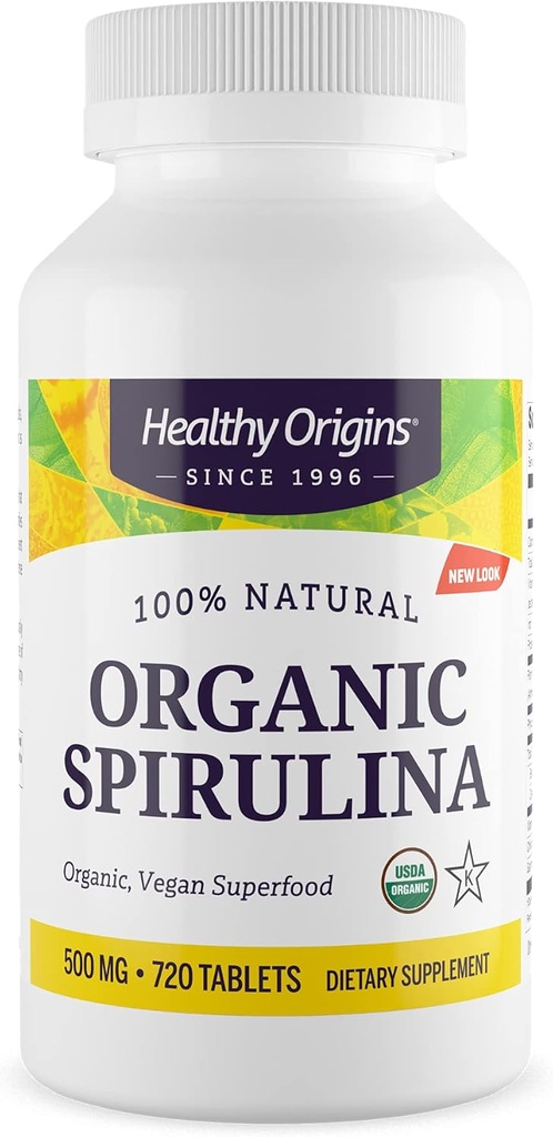 Orígenes saludables Espirulina orgánica 500 Mg (Organic Certified, Kosher Certified, Natural, Non-GMO, Gluten Free, Vegan Superfood), 720 Tablets