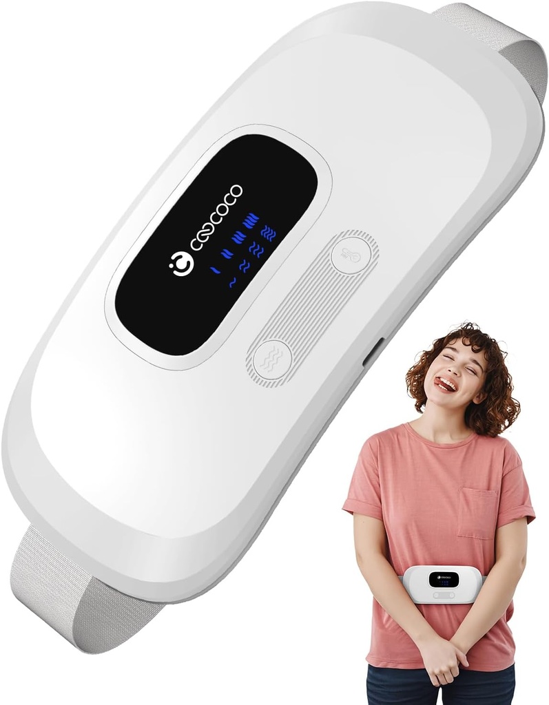Cubo de calefacción portátil CooCoCo para calambres de período, Cinturón de cintura inalámbrico para amortiguador de cáscaras menstruales, Pad de calor rápido con 4 niveles de calor y 4 modos de vibración, regalos para mujeres chica, blanca
