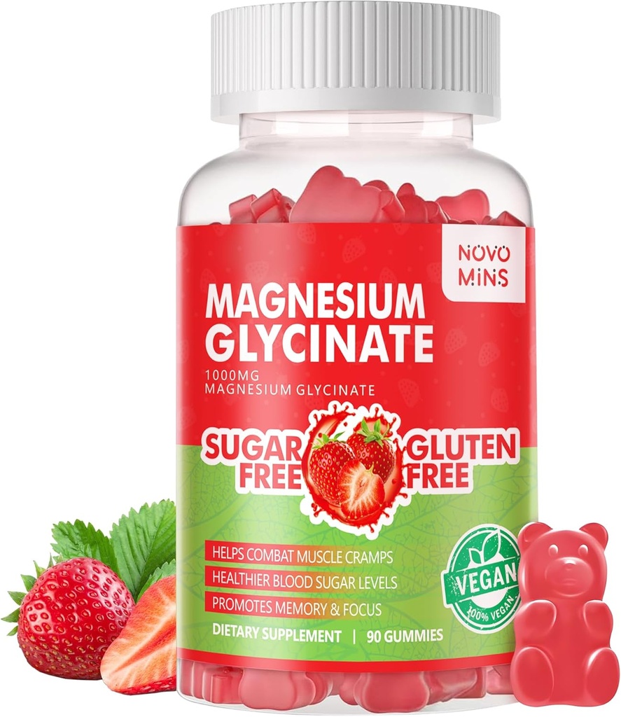 90 TC Magnesio Glycinate Gummies - Suplemento de Potasio de Magnesio Libre de Azúcar con Vitamina D, B6, CoQ10 para calma Mood &amp; Sleep Support - 90 Gummies de Fresa