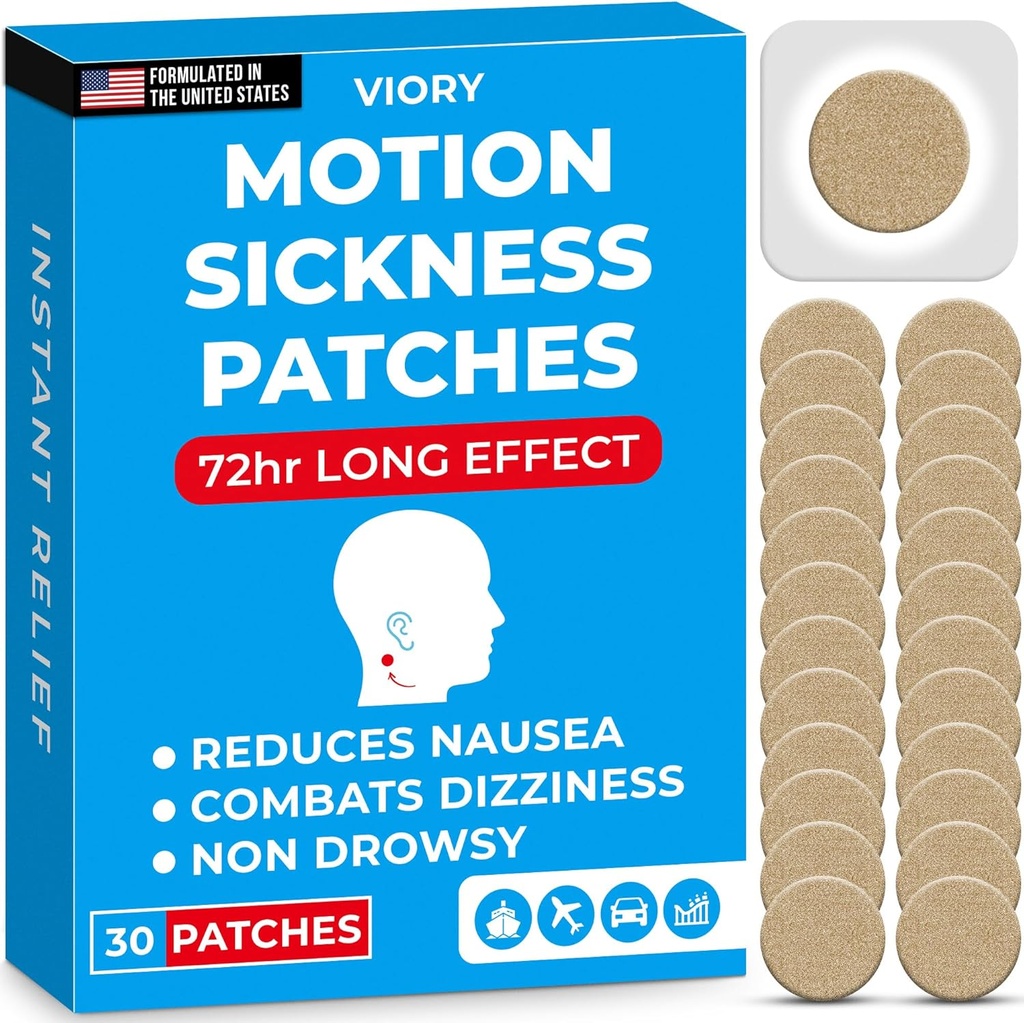VIORY Motion Sickness Patches for Car and Boat Rides, Ships, Cruise and Airplane &amp; Other Forms of Transport - Travel Essentials, for Adults and Kids (30 Count)
