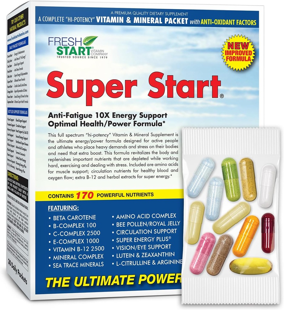 Super Start Full Daily Vitamin Pack confidencialidad 10X Energy &amp; Stamina Booster, Muscle Support ¦ Vitamin A, B, C, D, E, B12, Minerals, Amino Acids, Bee Pollen, Ashwagandha, Panax Ginseng (30 Packets)