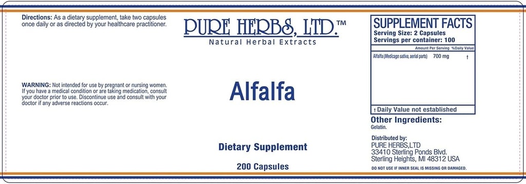 Pure Herbs, Ltd. Alfalfa Capsules