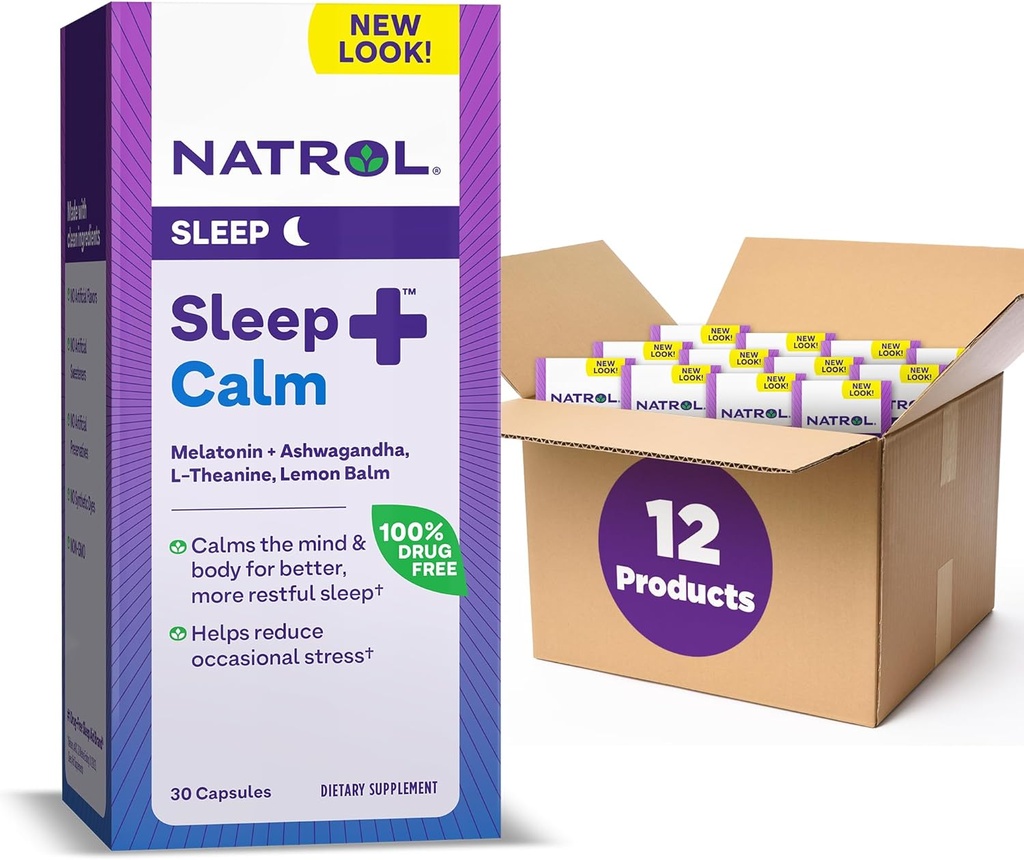 Natrol Sleep+ Calm Melatonin 6mg With Ashwagandha, L-Theanine and Lemon Balm, Dietary Supplement for Restful Sleep and Calm the Mind, 30 Capsules, 30 Day Supply (Pack of 12)