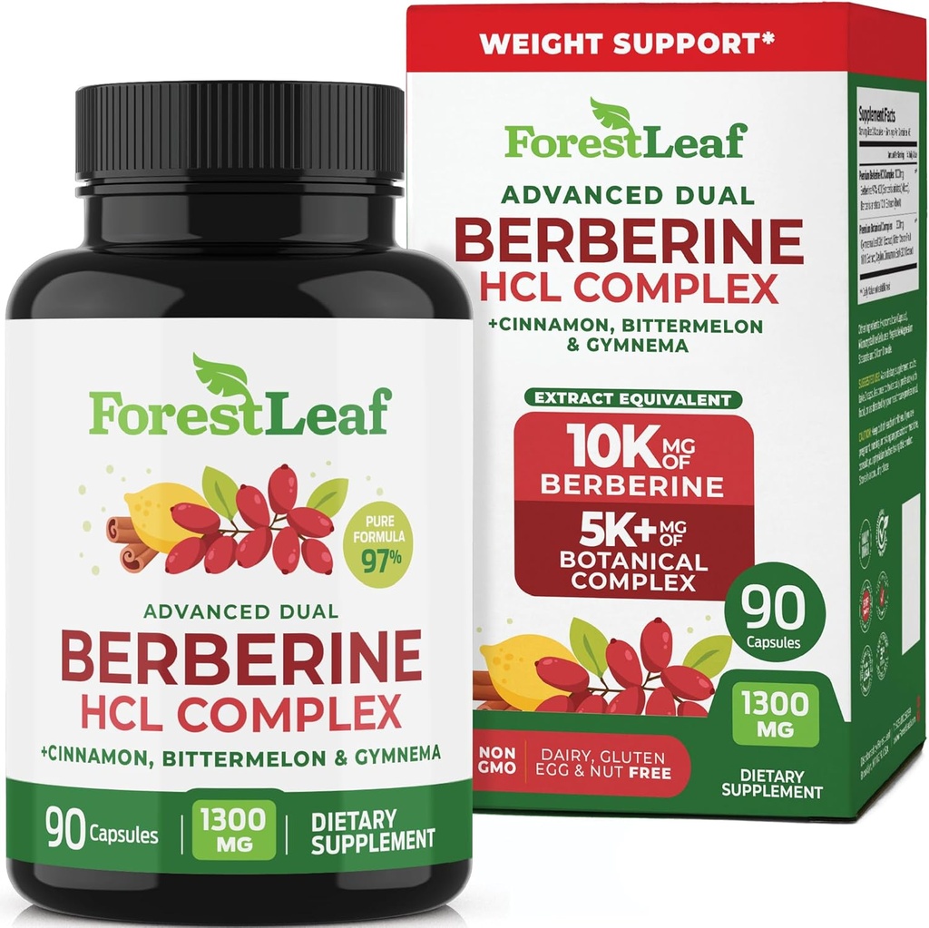 ForestLeaf Berberine Suplemento - GLP-1 Fórmula inspirada - 1300mg por ser - Ultra High Potency Berberine HCl con Ceyl Cinnamon, Bitter Melon & Gymnema - Soporte de gestión de pesas - 90 Caps