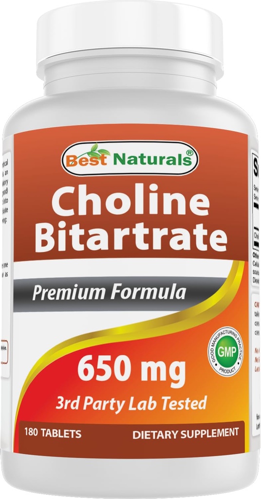 Best Naturals Choline Bitartrate 650 mg (Non-GMO) for Healthy Cognitive Brain Function 180 Tablets