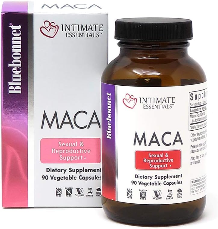 Bluebonnet Nutrition Intimate Essentials Maca Capsules, libre de soja, libre de gluten, libre de lácteos, certificado de Kosher, vegano, 90 cápsulas, 90 piezas (743715040144)
