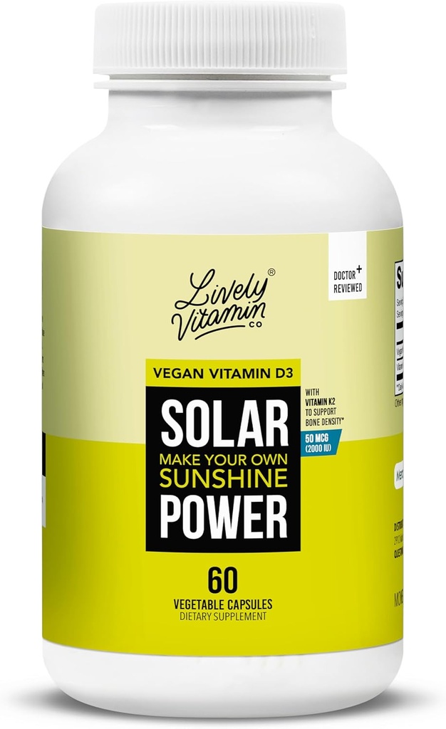 VITAMIN CO. Solar Power Vitamina D3 2000 iu - Patented Vitamina K - MK7 - Immune Balance - Función cerebral - Mood - Corazón - Estrés - 60 Cuenta