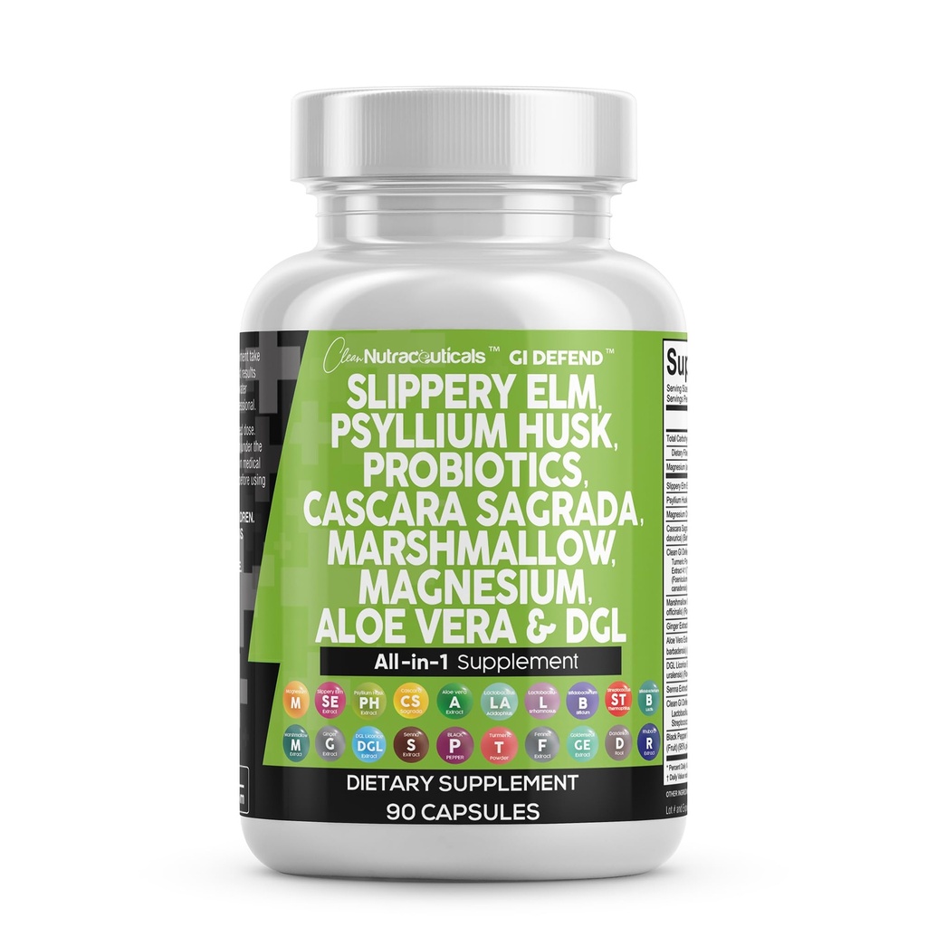 Clean Nutraceuticals Slippery Elm Psyllium Husk Pre Probiotic Digestive Gut Health Supplement with Aloe Vera Cascara Sagrada Marshmallow Root DGL Licorice Senna Extract